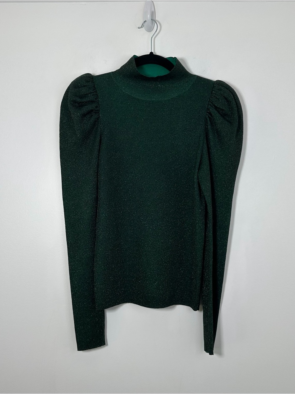 Alice + Olivia Green Metallic Puff Sleeve Mock Neck Wool Blend Sweater Size M